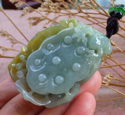 Certified Natural Yellow Myanmar Burma A Jade jadeite Frog Toad Lotus Flower Pendant Necklace