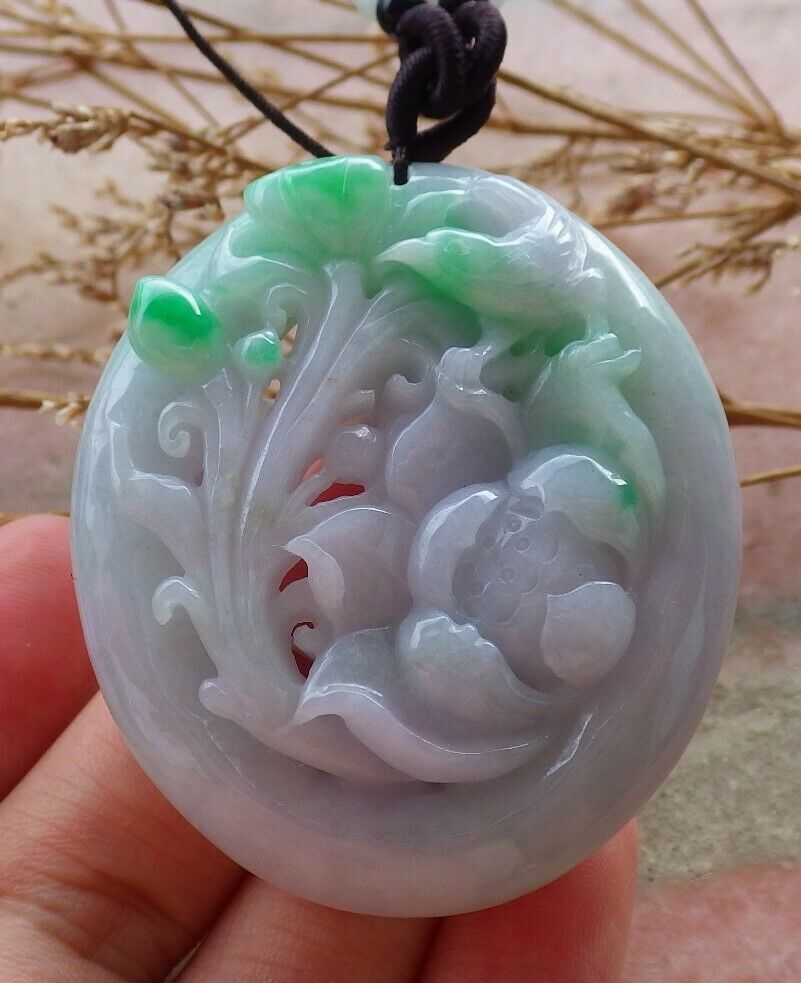 Certified Hand Carved Natural Myanmar Burma Grade A Jade jadeite Phoenix Bird Flower Lotus Pendant Necklace