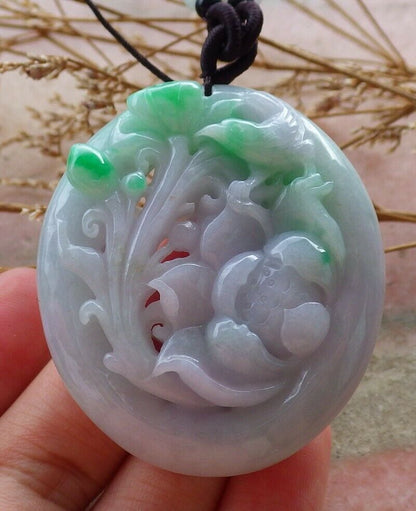 Certified Hand Carved Natural Myanmar Burma Grade A Jade jadeite Phoenix Bird Flower Lotus Pendant Necklace