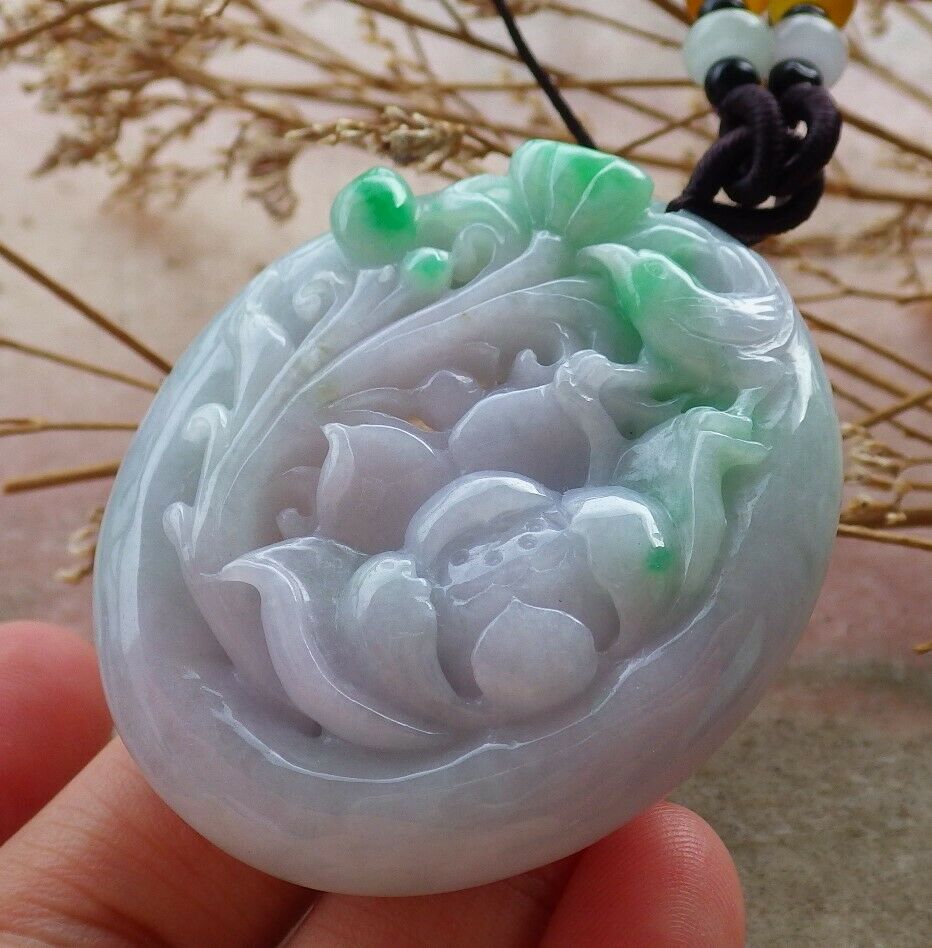 Certified Hand Carved Natural Myanmar Burma Grade A Jade jadeite Phoenix Bird Flower Lotus Pendant Necklace