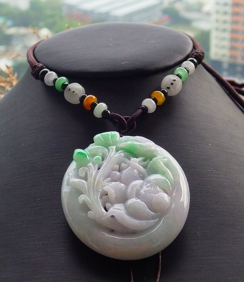 Certified Hand Carved Natural Myanmar Burma Grade A Jade jadeite Phoenix Bird Flower Lotus Pendant Necklace