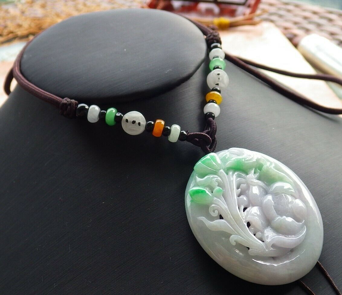 Certified Hand Carved Natural Myanmar Burma Grade A Jade jadeite Phoenix Bird Flower Lotus Pendant Necklace