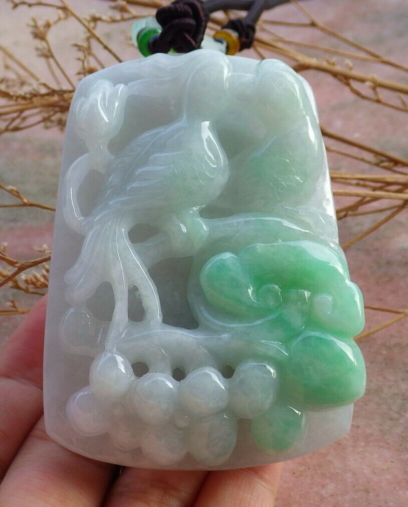 Certified Green Natural Myanmar Burma A Jade Jadeite Phoenix Mandarin Duck Phoenix Ruyi Peach Blossom Flower Pendant Necklace