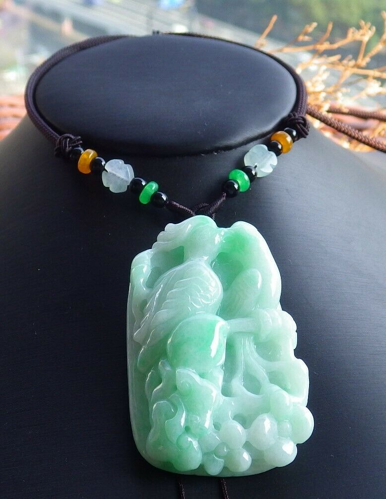 Certified Green Natural Myanmar Burma A Jade Jadeite Phoenix Mandarin Duck Phoenix Ruyi Peach Blossom Flower Pendant Necklace