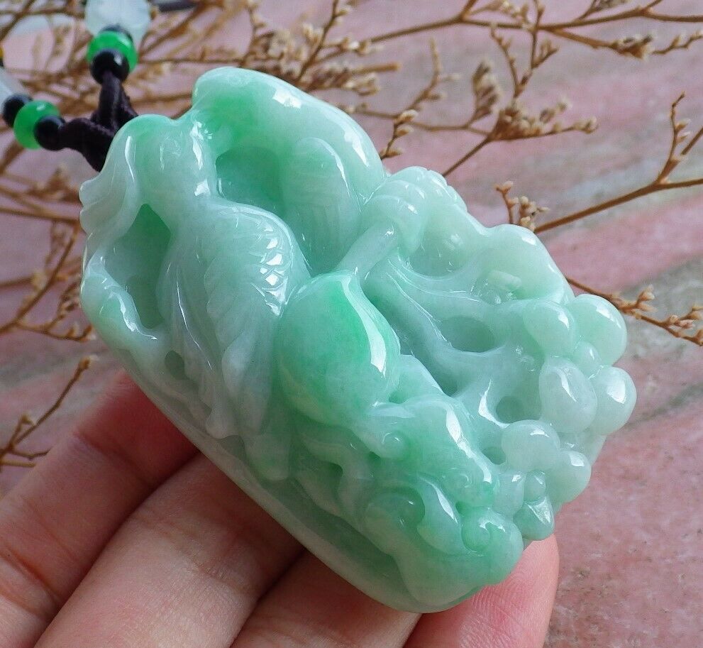 Certified Green Natural Myanmar Burma A Jade Jadeite Phoenix Mandarin Duck Phoenix Ruyi Peach Blossom Flower Pendant Necklace