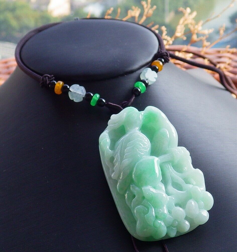 Certified Green Natural Myanmar Burma A Jade Jadeite Phoenix Mandarin Duck Phoenix Ruyi Peach Blossom Flower Pendant Necklace