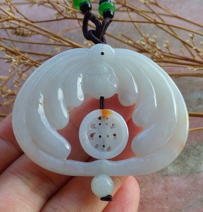 Certified Hand Carved Natural Burma 100% A Jade jadeite Bat Coin Circle Lucky Amulet Pendant Necklace