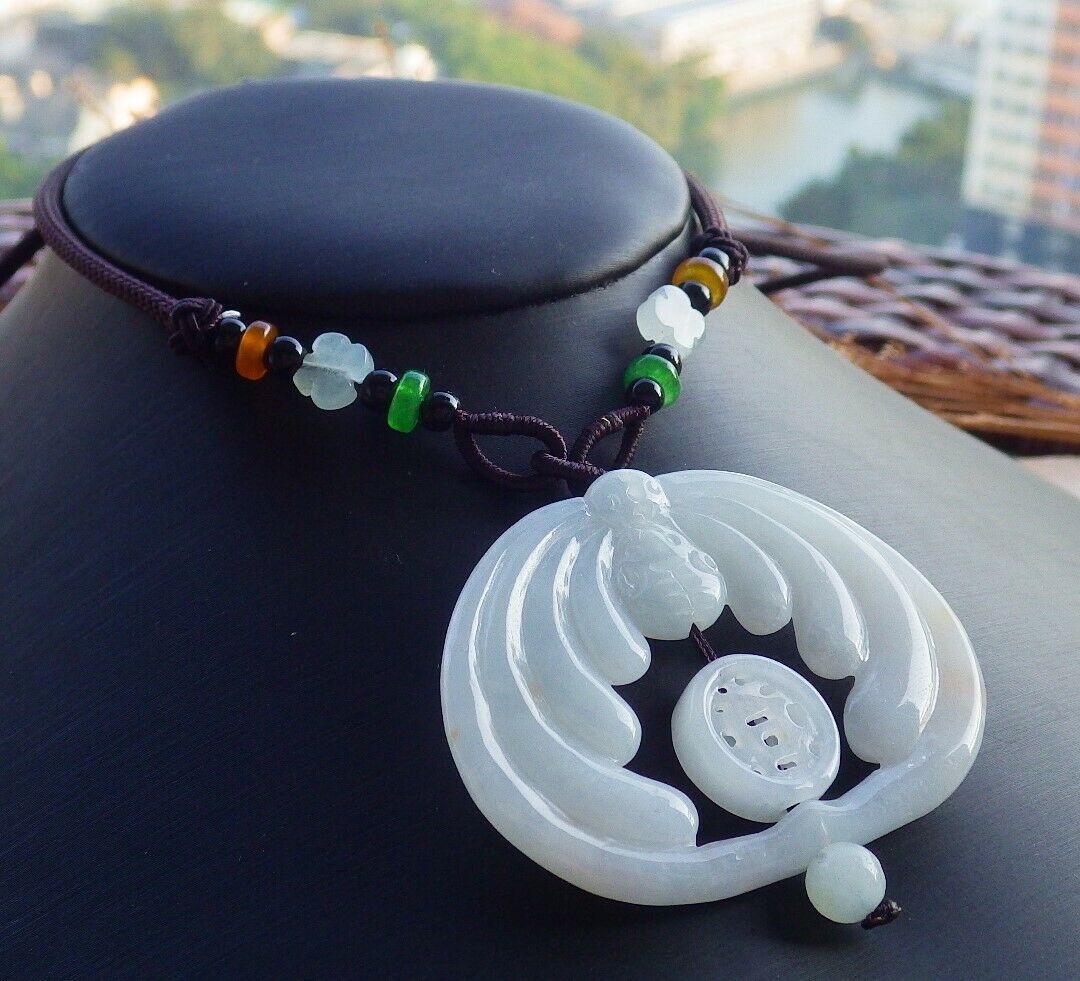 Certified Hand Carved Natural Burma 100% A Jade jadeite Bat Coin Circle Lucky Amulet Pendant Necklace