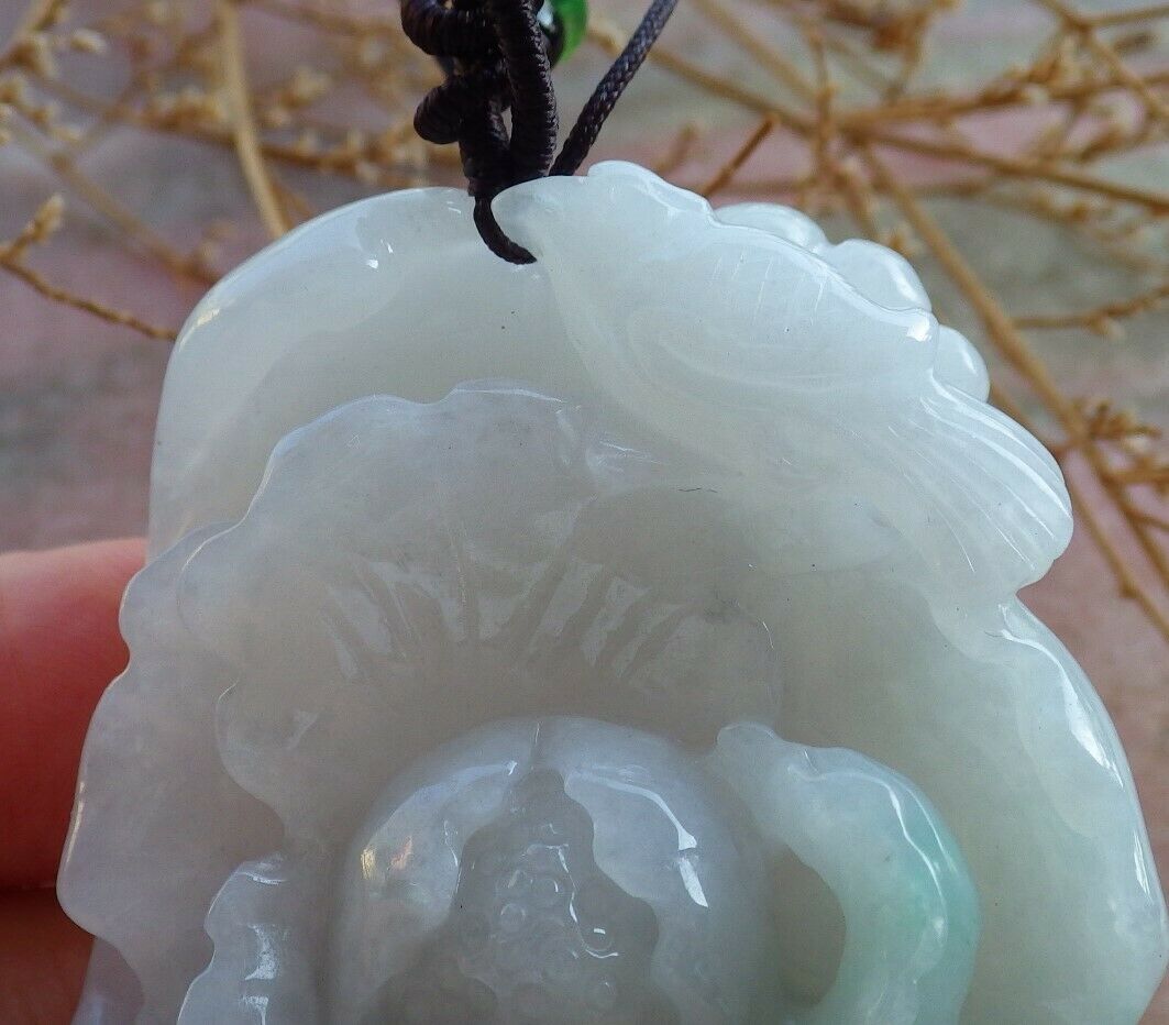 Certified Hand Carved Green Natural Myanmar Burma Grade A Jade jadeite Phoenix Bird Flower Pendant Necklace