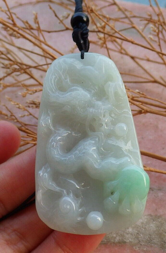 Certified Hand Carved Green Natural Burma A Jade jadeite Dragon Bead Lucky Amulet Pendant Necklace