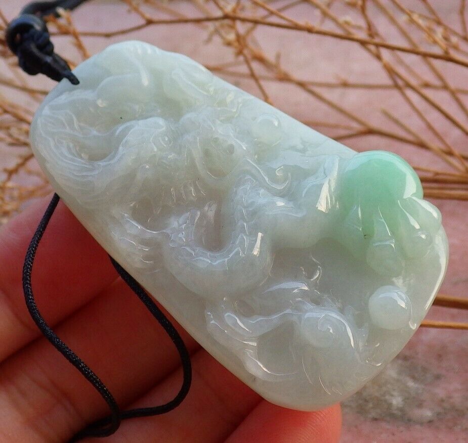 Certified Hand Carved Green Natural Burma A Jade jadeite Dragon Bead Lucky Amulet Pendant Necklace