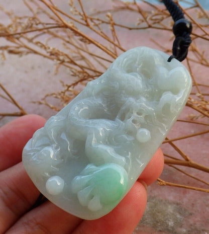 Certified Hand Carved Green Natural Burma A Jade jadeite Dragon Bead Lucky Amulet Pendant Necklace