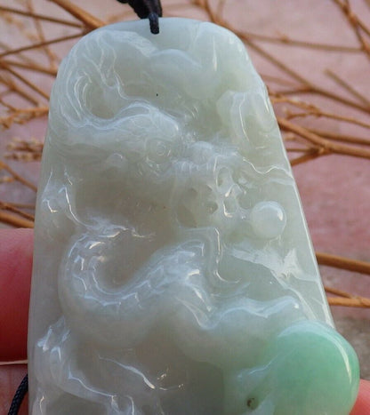 Certified Hand Carved Green Natural Burma A Jade jadeite Dragon Bead Lucky Amulet Pendant Necklace