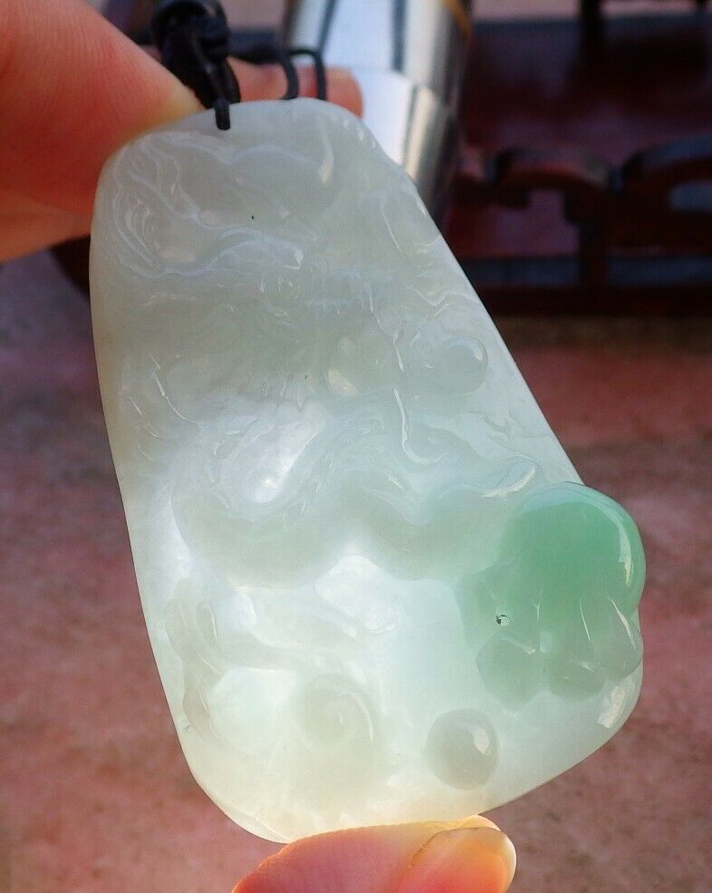 Certified Hand Carved Green Natural Burma A Jade jadeite Dragon Bead Lucky Amulet Pendant Necklace