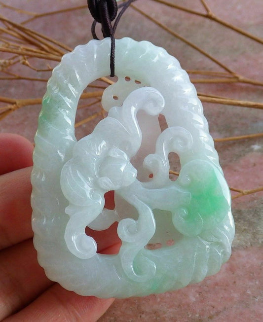 Certified Hand Carved Natural Green Myanmar Burma 100% A Jade jadeite Bat Ruyi Flower Pendant Necklace