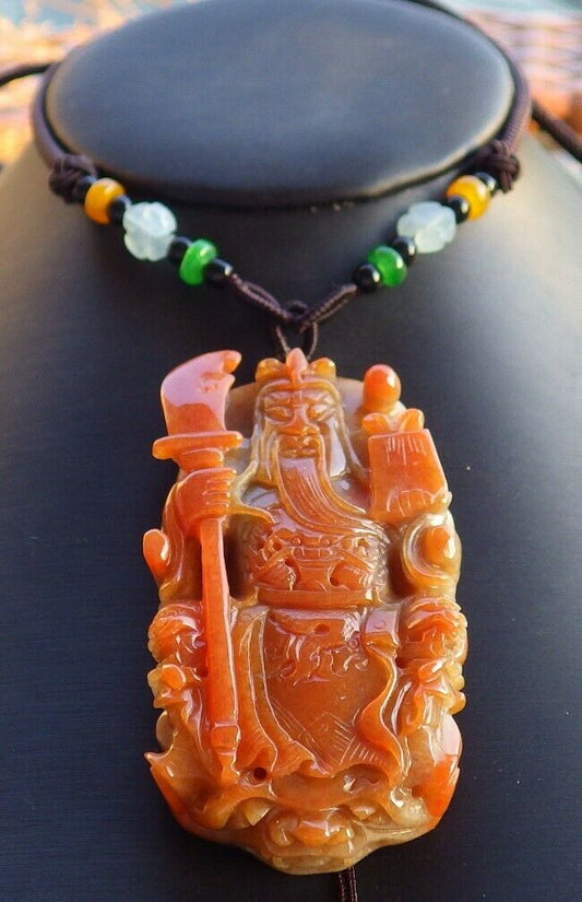 Certified Hand Carved Natural Myanmar Burma Brown Red A Jade jadeite Guan Gong God Dragon Pendant Necklace