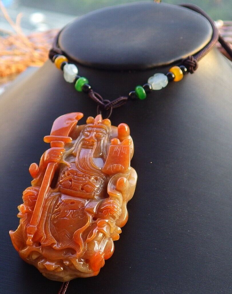 Certified Hand Carved Natural Myanmar Burma Brown Red A Jade jadeite Guan Gong God Dragon Pendant Necklace