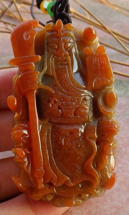 Certified Hand Carved Natural Myanmar Burma Brown Red A Jade jadeite Guan Gong God Dragon Pendant Necklace