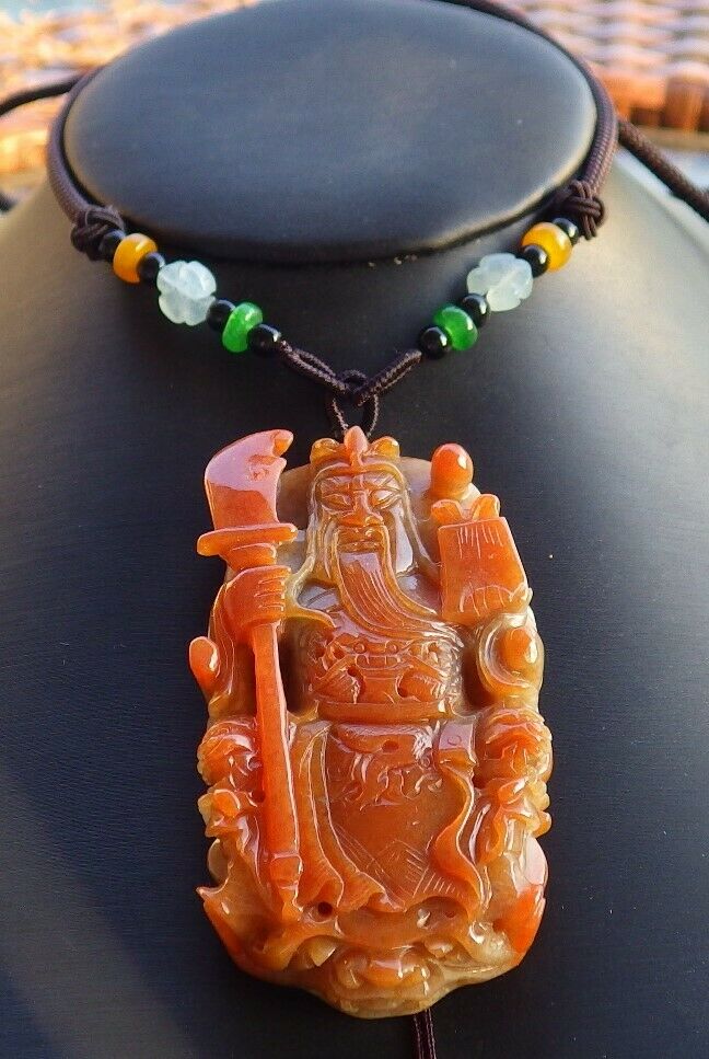 Certified Hand Carved Natural Myanmar Burma Brown Red A Jade jadeite Guan Gong God Dragon Pendant Necklace