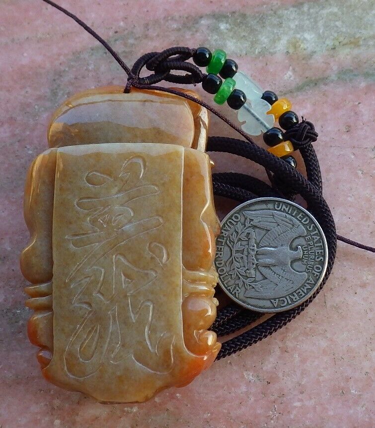 Certified Hand Carved Natural Myanmar Burma Brown Red A Jade jadeite Guan Gong God Dragon Pendant Necklace