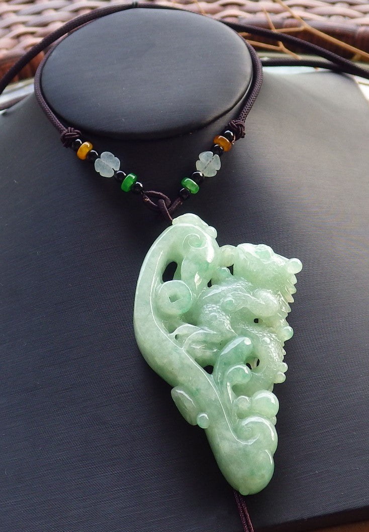 Certified Hand Carved Natural Myanmar Burma A Jade jadeite Display Flying Dragon Pendant Necklace