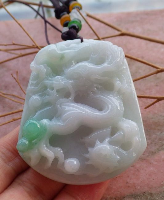 Certified Green Hand Carved Natural Myanmar Burma A Jade jadeite pendant Dragon Lotus Flower Pendant Necklace