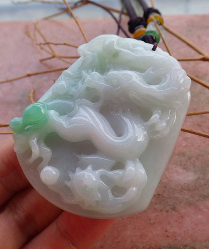 Certified Green Hand Carved Natural Myanmar Burma A Jade jadeite pendant Dragon Lotus Flower Pendant Necklace