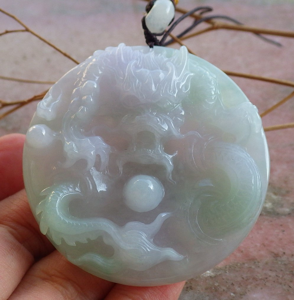 Certified ICY Lavender Hand Carved Natural Myanmar Burma A Jade jadeite Dragon Spit Bead Pendant Necklace