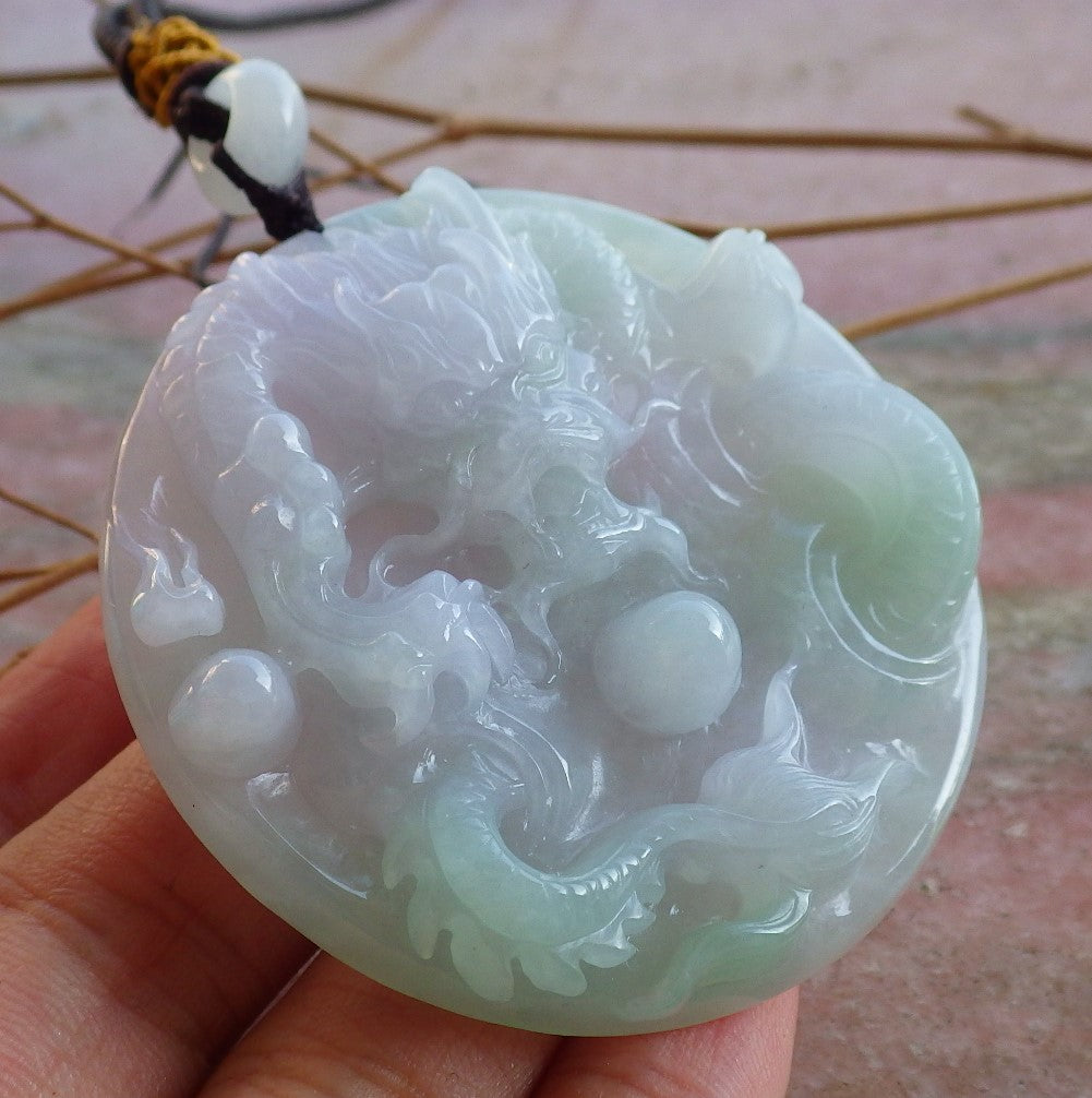 Certified ICY Lavender Hand Carved Natural Myanmar Burma A Jade jadeite Dragon Spit Bead Pendant Necklace