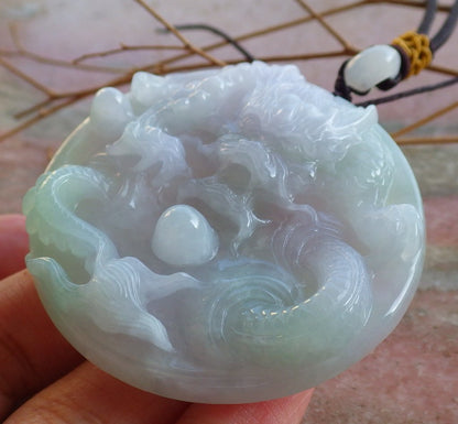 Certified ICY Lavender Hand Carved Natural Myanmar Burma A Jade jadeite Dragon Spit Bead Pendant Necklace