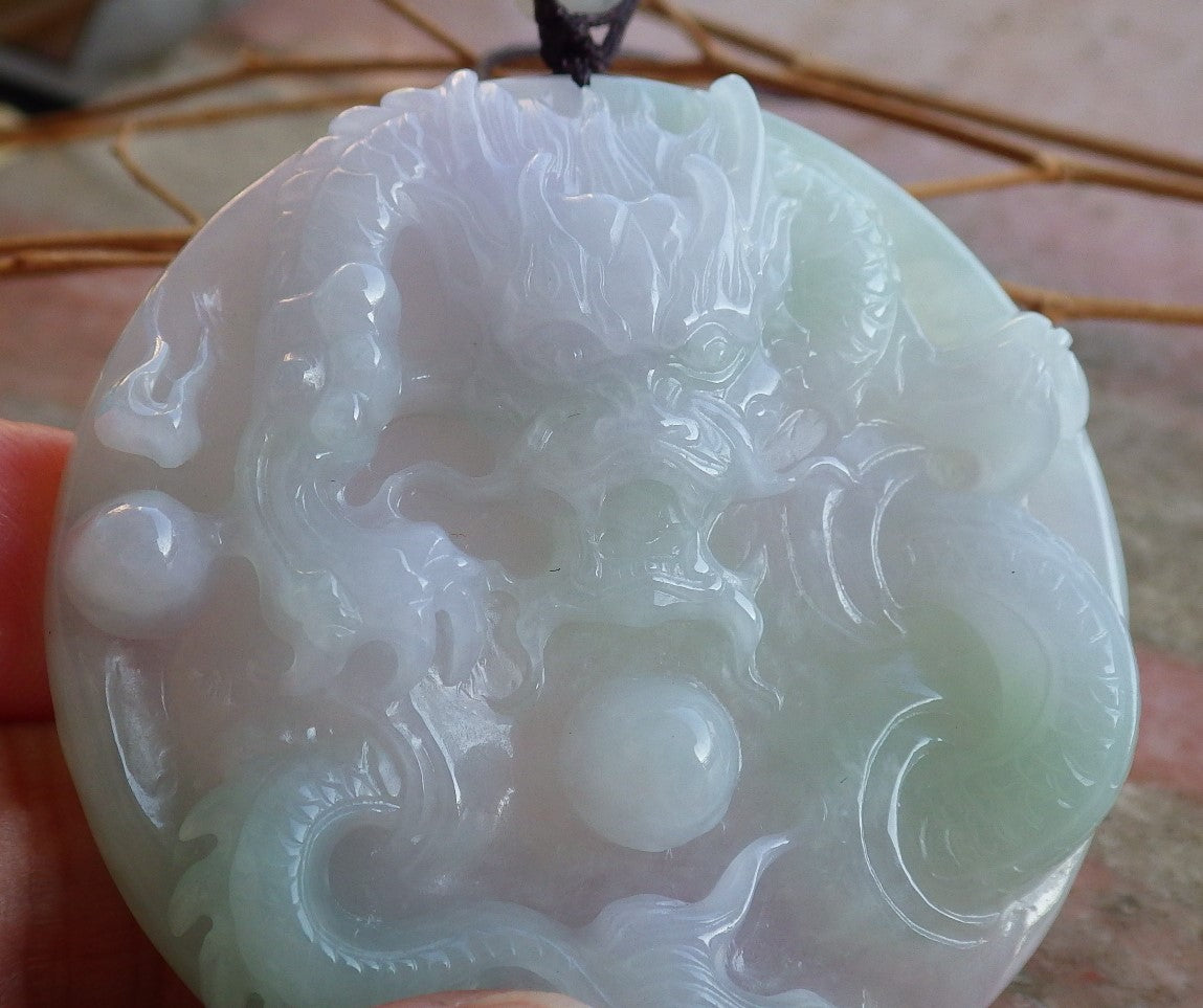 Certified ICY Lavender Hand Carved Natural Myanmar Burma A Jade jadeite Dragon Spit Bead Pendant Necklace