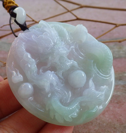 Certified ICY Lavender Hand Carved Natural Myanmar Burma A Jade jadeite Dragon Spit Bead Pendant Necklace