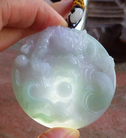 Certified ICY Lavender Hand Carved Natural Myanmar Burma A Jade jadeite Dragon Spit Bead Pendant Necklace