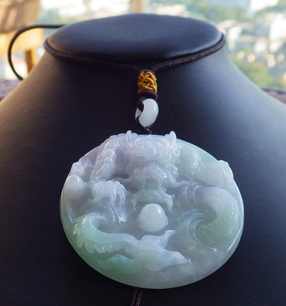 Certified ICY Lavender Hand Carved Natural Myanmar Burma A Jade jadeite Dragon Spit Bead Pendant Necklace