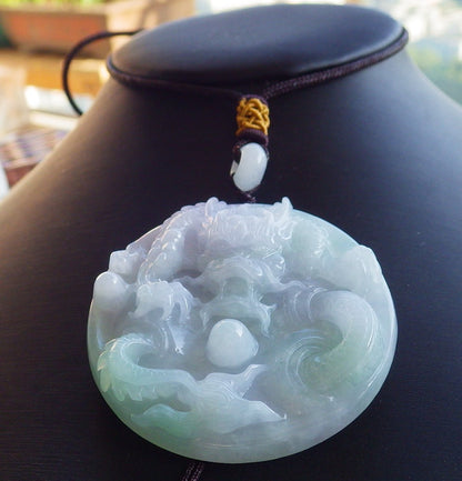 Certified ICY Lavender Hand Carved Natural Myanmar Burma A Jade jadeite Dragon Spit Bead Pendant Necklace