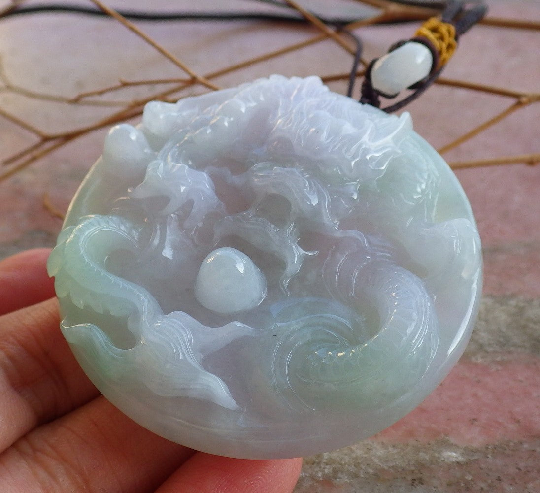 Certified ICY Lavender Hand Carved Natural Myanmar Burma A Jade jadeite Dragon Spit Bead Pendant Necklace