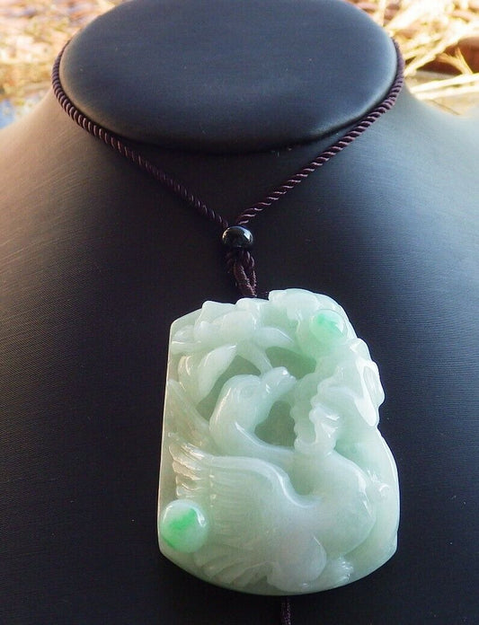 Certified Natural Burma Green 100% A Jade jadeite Phoenix Swan Duck Lotus Flower Pendant Necklace