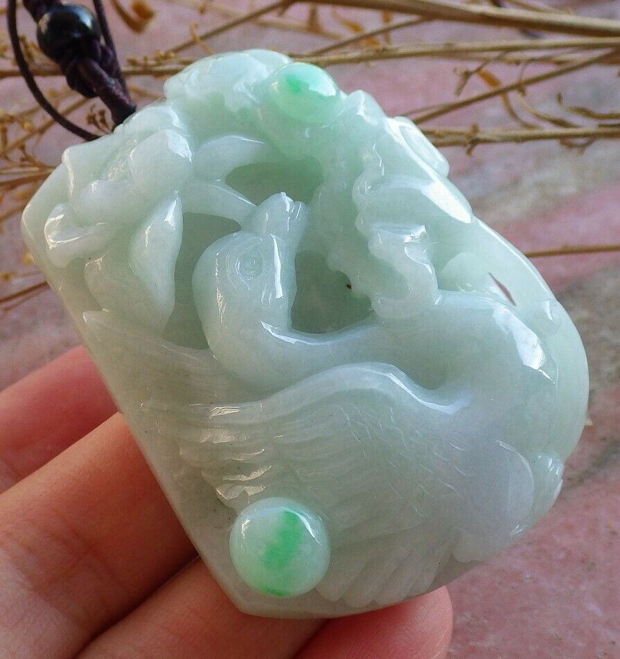 Certified Natural Burma Green 100% A Jade jadeite Phoenix Swan Duck Lotus Flower Pendant Necklace