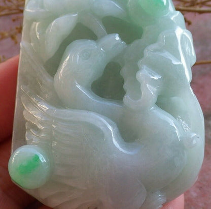 Certified Natural Burma Green 100% A Jade jadeite Phoenix Swan Duck Lotus Flower Pendant Necklace