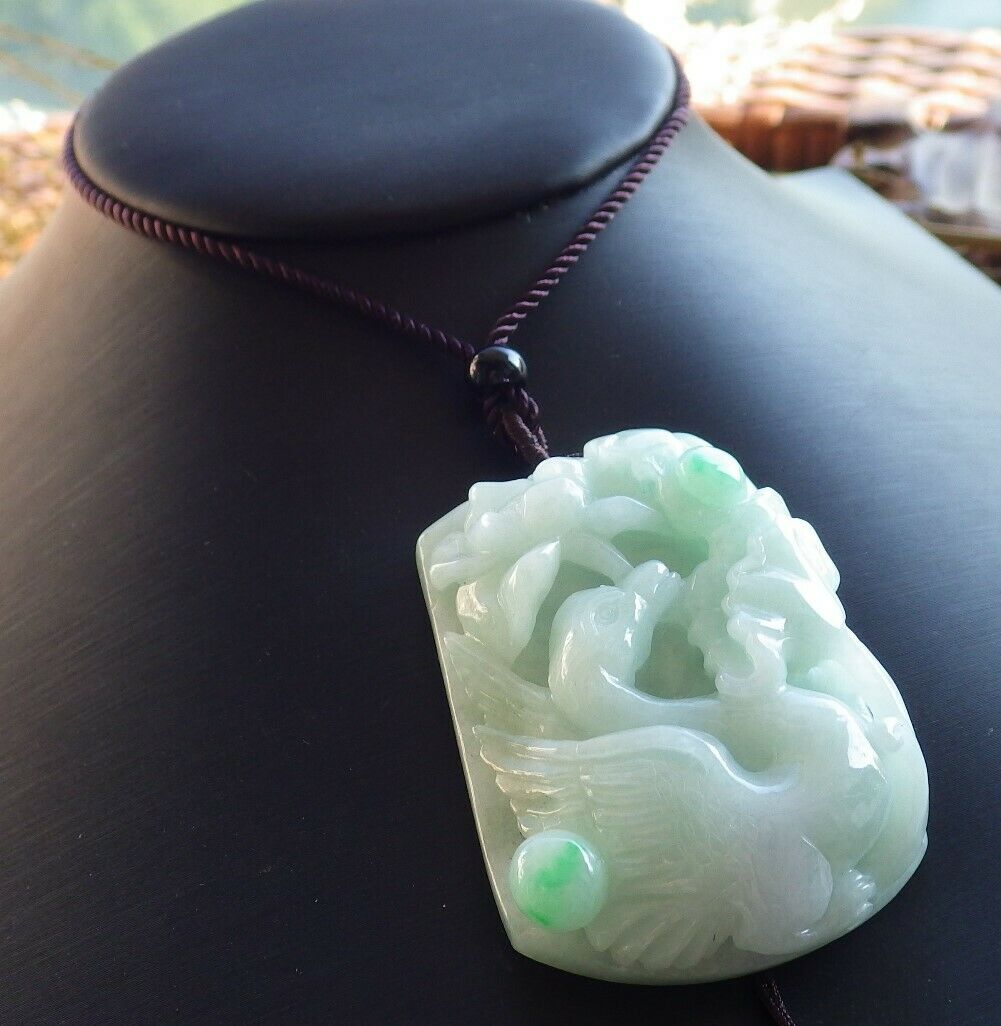 Certified Natural Burma Green 100% A Jade jadeite Phoenix Swan Duck Lotus Flower Pendant Necklace