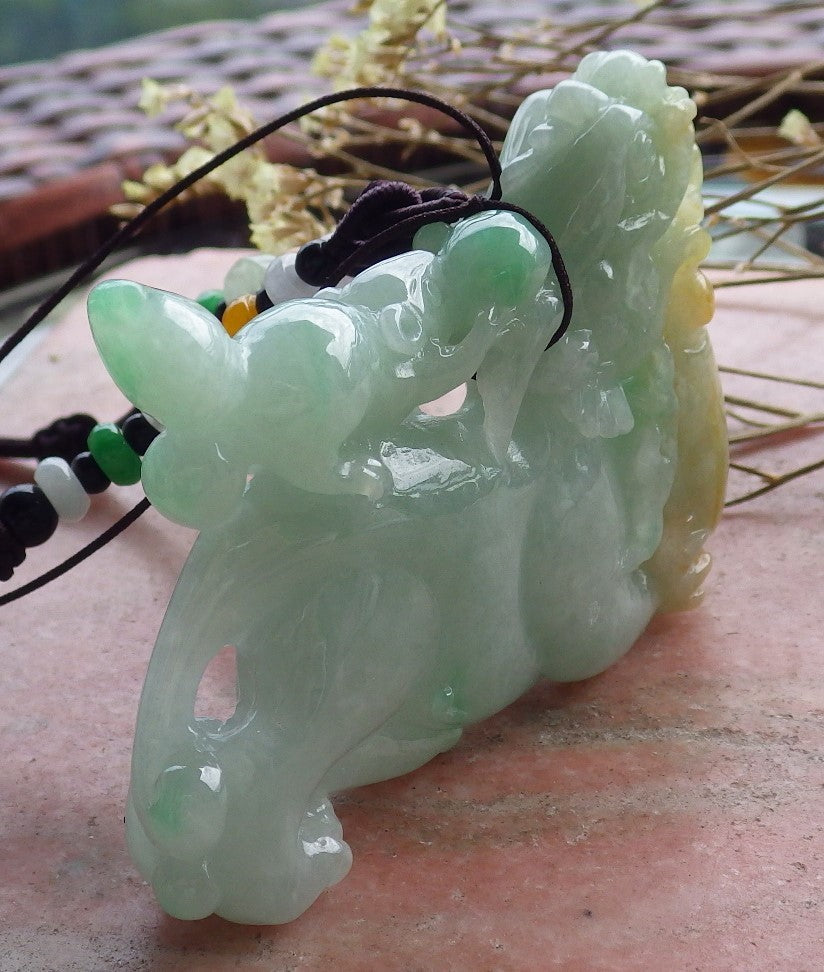 Certified Hand Carved Natural 3 color Green Yellow White Myanmar Burma A Jade jadeite Display Dragon Mouse Pendant Necklace