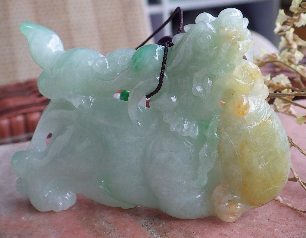 Certified Hand Carved Natural 3 color Green Yellow White Myanmar Burma A Jade jadeite Display Dragon Mouse Pendant Necklace