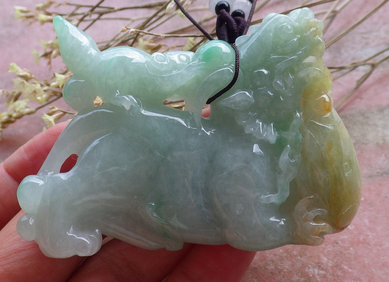 Certified Hand Carved Natural 3 color Green Yellow White Myanmar Burma A Jade jadeite Display Dragon Mouse Pendant Necklace