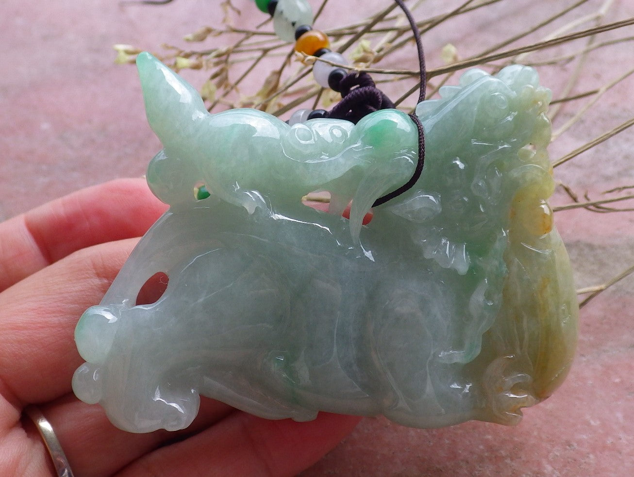 Certified Hand Carved Natural 3 color Green Yellow White Myanmar Burma A Jade jadeite Display Dragon Mouse Pendant Necklace