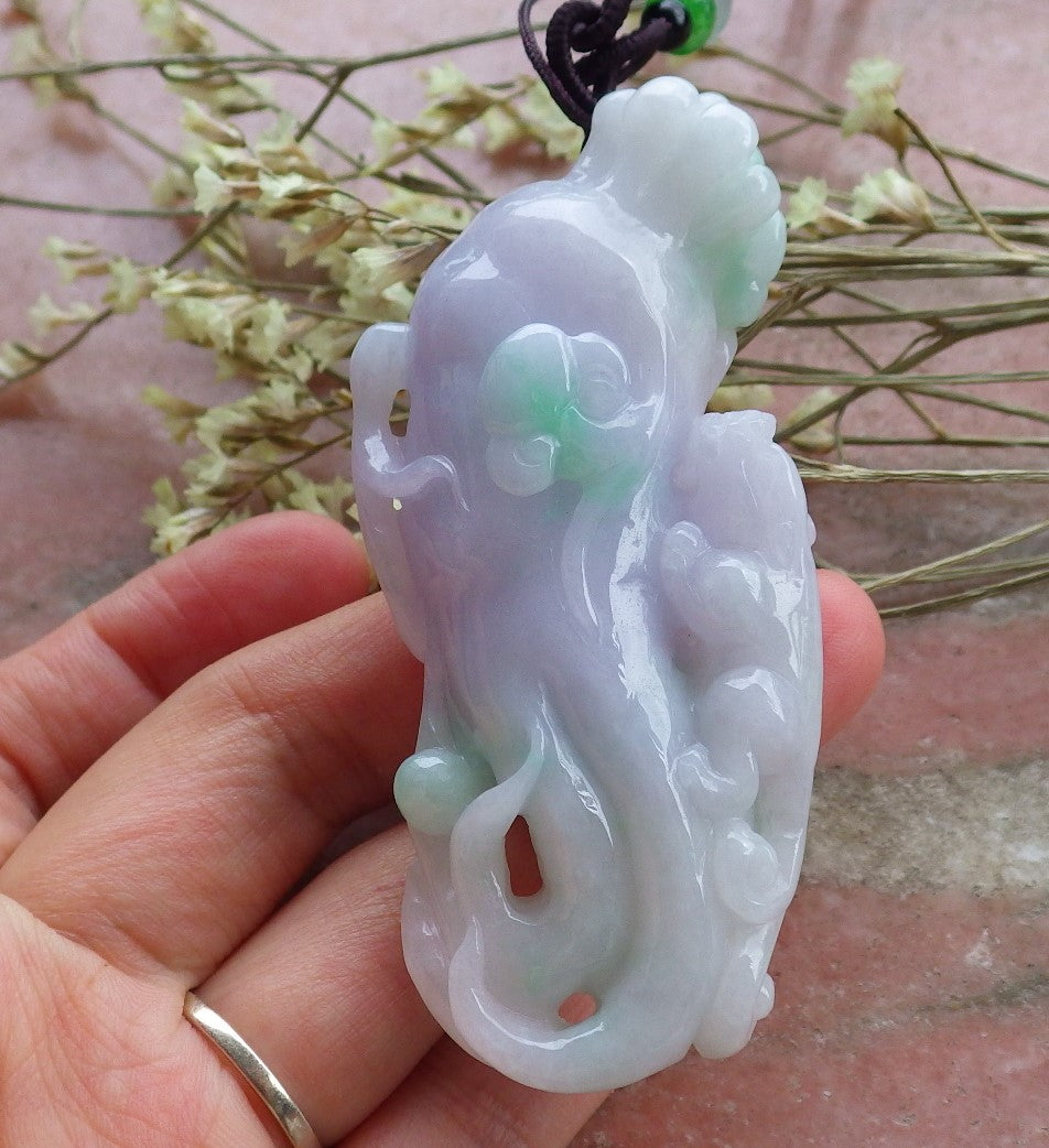 Certified Hand Carved Lavender Natural Myanmar Burma A Jade jadeite Dragon Pi Xiu Ginseng Pendant Necklace