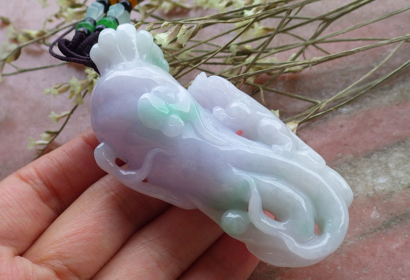 Certified Hand Carved Lavender Natural Myanmar Burma A Jade jadeite Dragon Pi Xiu Ginseng Pendant Necklace