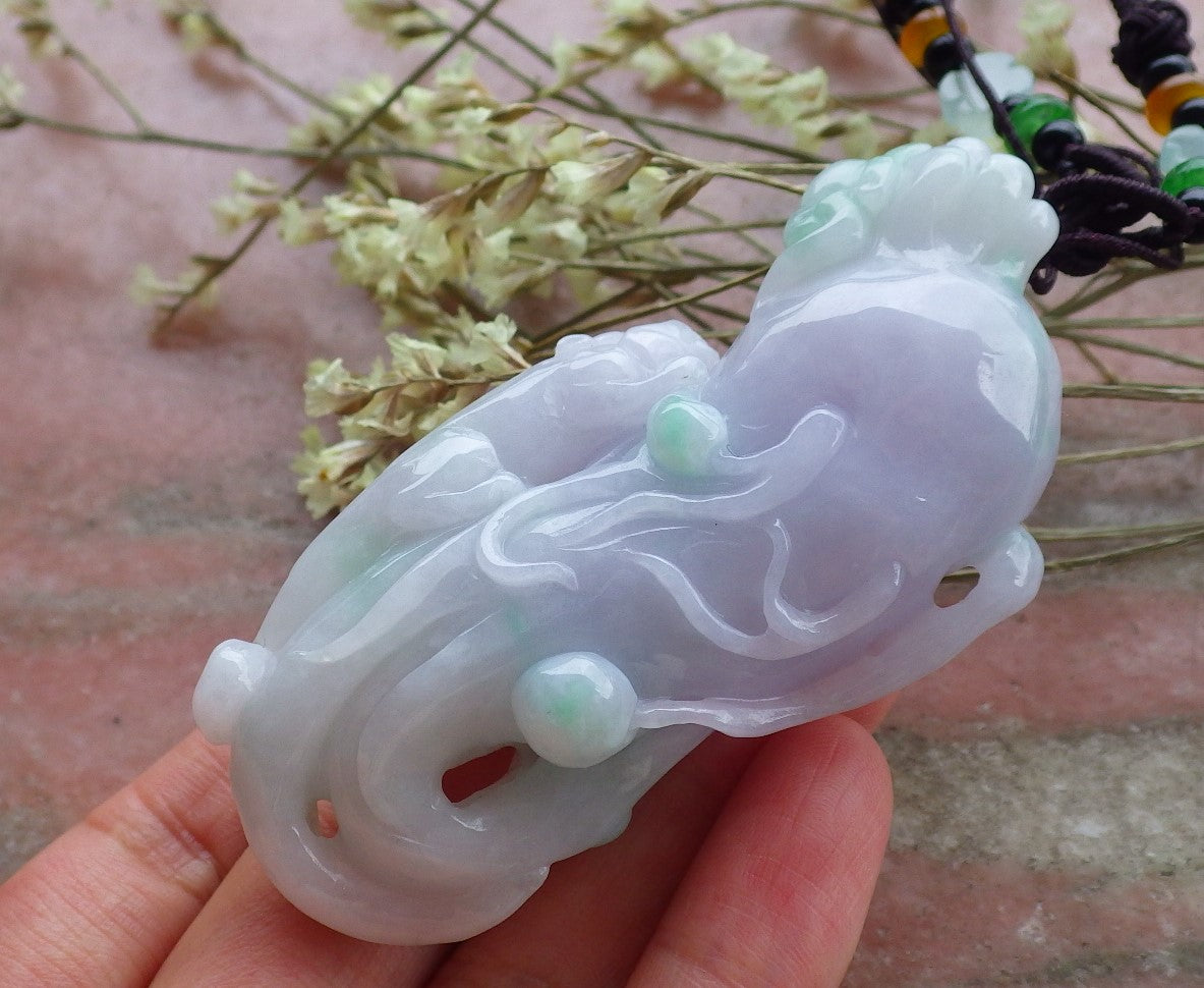 Certified Hand Carved Lavender Natural Myanmar Burma A Jade jadeite Dragon Pi Xiu Ginseng Pendant Necklace