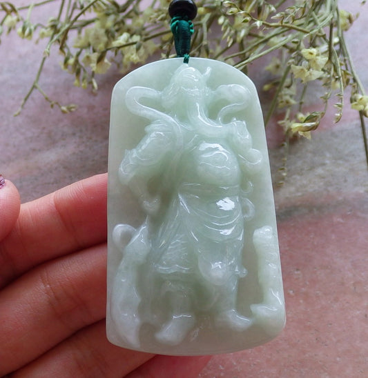 Certified Green Natural Myanmar Burma A Jade jadeite Guan Gong God Sword Bat Pendant Necklace