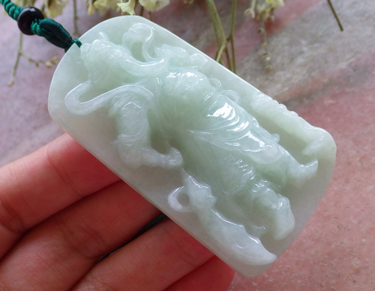 Certified Green Natural Myanmar Burma A Jade jadeite Guan Gong God Sword Bat Pendant Necklace