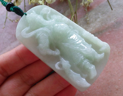 Certified Green Natural Myanmar Burma A Jade jadeite Guan Gong God Sword Bat Pendant Necklace